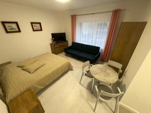 een slaapkamer met een bed, een tafel en een stoel bij Apartamenty Wisła Centrum in Wisła