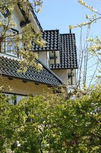 un edificio con techo negro y algunos árboles en Schleiblick im Andersenhof, en Kappeln