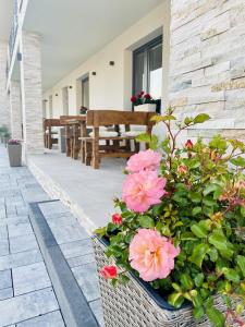 - un panier en osier avec des fleurs roses sur la terrasse dans l'établissement Eugen Apartmán, à Veľký Meder