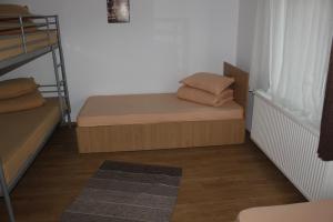 a bedroom with two bunk beds and a ladder at Pensiunea Martinel in Timisu de Sus