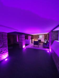 uma sala de estar com iluminação roxa e uma lareira em Loft mit privater Sauna em Heidelberg