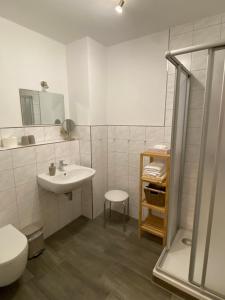 een witte badkamer met een wastafel en een toilet bij Pension Haufe in Ohorn