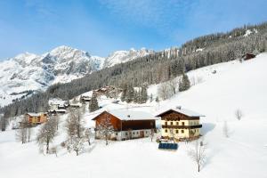 uma casa sobre uma colina nevada com montanhas ao fundo em Molteraugut em Mühlbach am Hochkönig