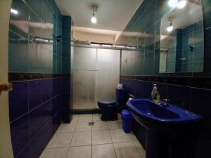 ein Badezimmer mit einem blauen Waschbecken und einem WC in der Unterkunft La Casita Feliz...!!! in Cochabamba