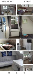 un collage de fotos de una sala de estar con sofá en Dachgeschosswohnung Scharbeutz mit Garten, en Scharbeutz