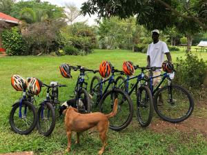 um homem ao lado de uma fila de bicicletas com um cão em Nile it Resort em Jinja