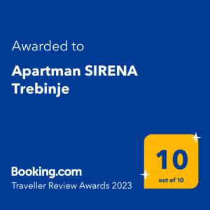 Un certificado, premio, letrero u otro documento en Apartman SIRENA Trebinje