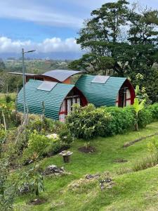 una casa con techo verde en la parte superior de un campo en Glamping Campo Alegre, en Cartago