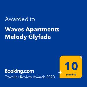 Сертификат, награда, табела или друг документ на показ в Waves Apartments Melody Glyfada