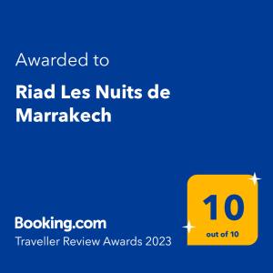 Sertifikat, nagrada, logo ili drugi dokument prikazan u objektu Riad Les Nuits de Marrakech