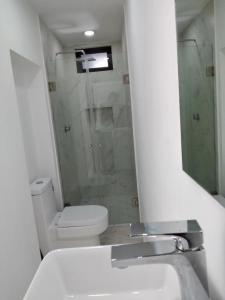 a bathroom with a toilet and a sink and a mirror at Venecia 262 in Puerto Vallarta