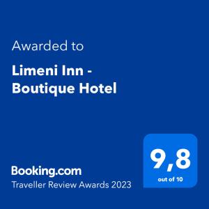 Un certificado, premio, letrero u otro documento en Limeni Inn Boutique Hotel Adults only 12plus