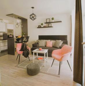 een woonkamer met een bank, stoelen en een tafel bij Tisza River Apartman in Szeged