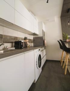 een witte keuken met een wasmachine bij Tisza River Apartman in Szeged