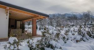 um quintal coberto de neve com uma casa em Thomhof Chalets em Bran