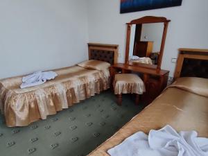 Camera con 2 letti, scrivania e specchio. di Guest Rooms Grachenovi a Bansko