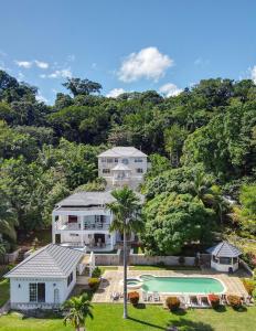 een luchtzicht op een huis met een zwembad bij All Nations Guest House in Port Antonio