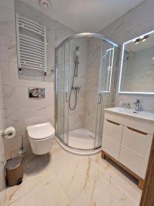 a bathroom with a shower and a toilet and a sink at Villa Cristal in Świnoujście