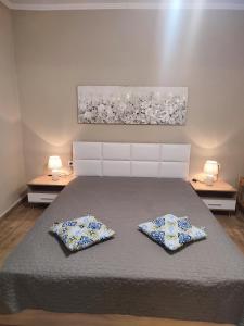 een slaapkamer met een bed met 2 kussens erop bij ALICE'S ARt HOUSE in Kavala