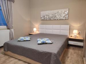 een slaapkamer met een groot bed met 2 kussens bij ALICE'S ARt HOUSE in Kavala