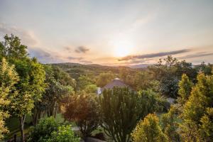 una puesta de sol sobre un jardín con árboles y un cactus en La Roca Guest House, en Nelspruit