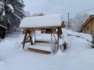 西斯纳迪奥拉Cabanele Sașilor的院子里的凉亭,被雪覆盖