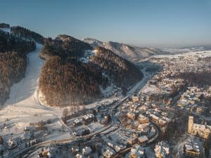 Luftblick auf eine Stadt mit Fluss in der Unterkunft Szczawnica Park Resort & Spa in Szczawnica