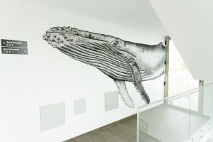 un mural de ballenas en una pared en un museo en Ericeira Surf Apartments, en Ericeira