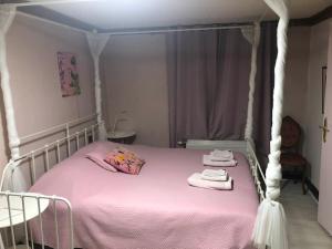 a bedroom with a pink bed with a canopy at Les Lumerettes - Dohan in Bouillon