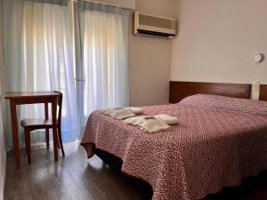 ein Schlafzimmer mit einem Bett, einem Stuhl und einem Fenster in der Unterkunft Hotel Lobato in Paysandú