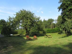 un parco con due panchine, un tavolo e un albero di Ferienwohnung Holt a Husum