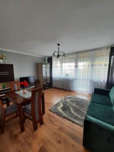 uma sala de estar com um sofá verde e uma mesa em Słoneczny Apartament w Busku-Zdroju em Busko-Zdrój