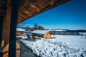 een uitzicht op een blokhut in de sneeuw bij Aparthotel & Wellness Knížecí cesta in Horní Planá