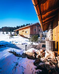 een winterzicht op een hut met sneeuw op de grond bij Aparthotel & Wellness Knížecí cesta in Horní Planá