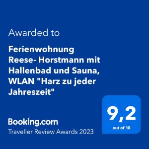 Um certificado, prêmio, placa ou outro documento exibido em Ferienwohnung Reese- Horstmann mit Hallenbad und Sauna, WLAN "Harz zu jeder Jahreszeit"