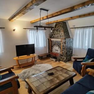 een woonkamer met een stenen open haard en een televisie bij Rustic House Busteni in Buşteni