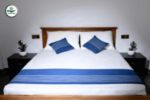 1 cama con sábanas azules y blancas y almohadas azules en Jaffna Inn, en Jaffna