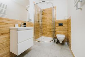 a bathroom with a shower and a toilet at Obiekt Noclegowy OCELOT II in Pruszków