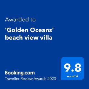 una schermata blu con il testo assegnato alla villa con vista mare dorato di 'Golden Oceans' 3 bhk beach view villa a Benaulim