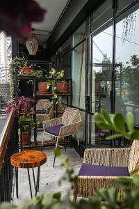 Black Llama Hostel Miraflores في ليما: فناء به كراسي وطاولات ونوافذ