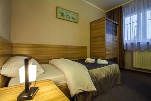 a hotel room with a bed and a table with a lamp at Hotel Alpex in Zabrze