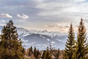 un gruppo di alberi con montagne innevate sullo sfondo di Hotel Valaisia Crans Montana, a Faern Collection Resort a Crans-Montana