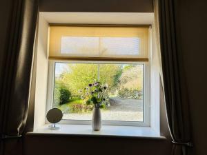 eine Vase voller Blumen, die auf einem Fensterbrett sitzt in der Unterkunft The Old Stables - a gem surrounded by mountains! in Caernarfon