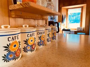 eine Reihe von fünf Kaffeedosen auf einer Theke in der Unterkunft Chalet Savoyard avec Cheminée et Parking à Samoëns - FR-1-624-80 in Samoëns