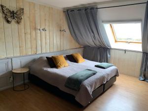 een slaapkamer met een bed met 2 kussens en een raam bij Bed and Breakfast de Salix in Hitzum