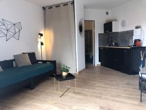 een woonkamer met een bank en een keuken bij Studio Moderne, Terrasse et Parking in Romans-sur-Isère