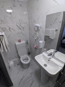 een witte badkamer met een toilet en een wastafel bij Pension Casa Samurai in Braşov