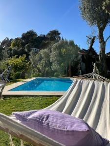 - une piscine avec une couverture violette à côté dans l'établissement Vila de Campos - Gerês, à Vieira do Minho