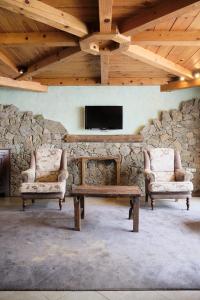 sala de estar con 2 sillas y pared de piedra en Apartaments Els Llacs, en Bordes d´Envalira