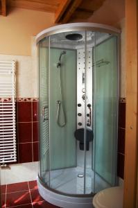 una doccia con porta in vetro in bagno di Maya Guesthouse a Eger